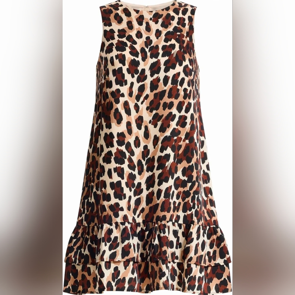 ANNE KLEIN Womens Leopard Jewel Neck Short Tiered Shift Dress 4